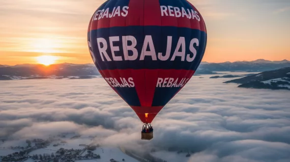 Globo aerostático de Globotur con la palabra REBAJAS serigrafiada, volando sobre un paisaje natural al amanecer en Andalucía."