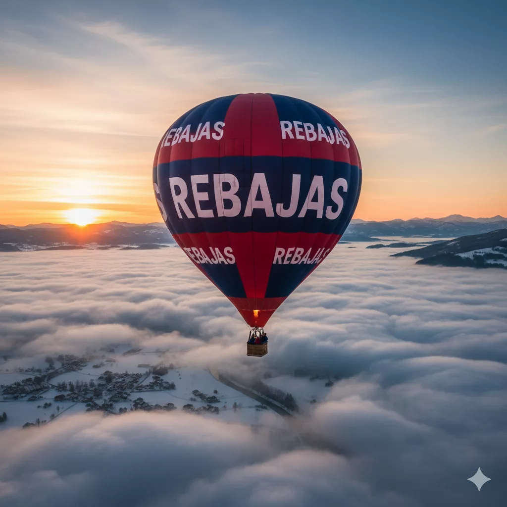 Globo aerostático de Globotur con la palabra REBAJAS serigrafiada, volando sobre un paisaje natural al amanecer en Andalucía."