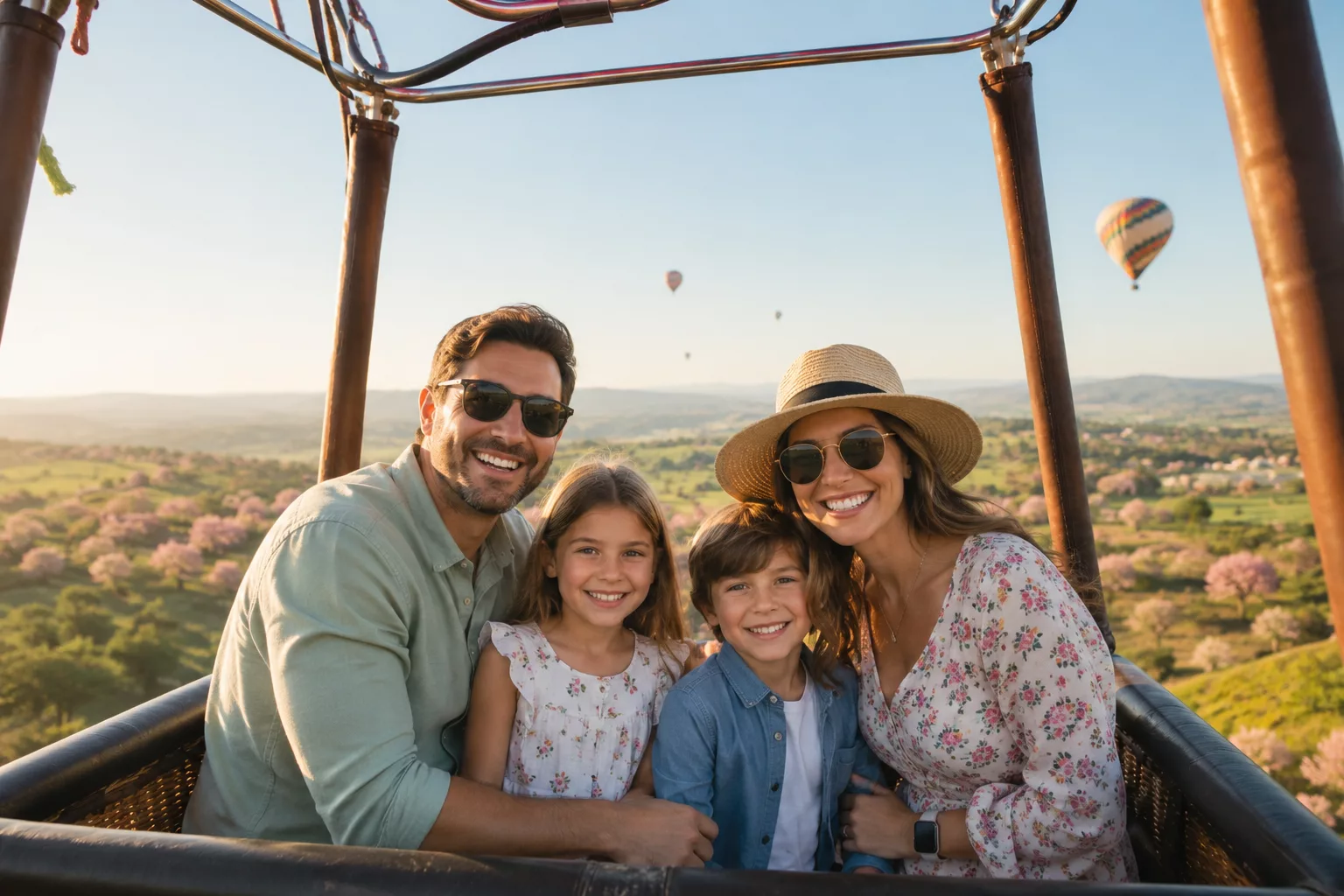 Familia sonriente disfrutando de un vuelo en globo aerostático al amanecer. Padres y dos niños posan felices dentro de la barquilla mientras sobrevuelan un paisaje primaveral lleno de naturaleza y otros globos en el cielo.